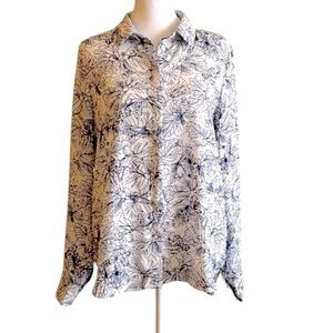 H&M Floral Button Down Shirt Size 6 White Navy Long Sleeve Blouse